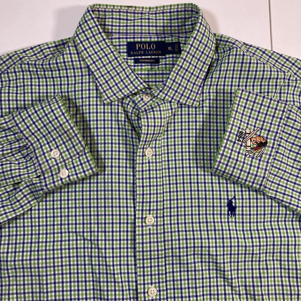 Ralph Lauren Performance Shirt XL Blue Green Gingham Nylon Stretch Indian Chief